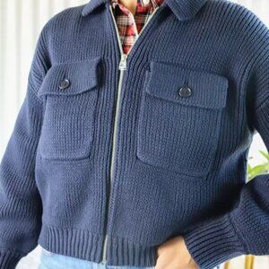 NWT Alex Mill Wallace Sweater Bomber Jacket Chunky Knit Cotton Navy Blue M